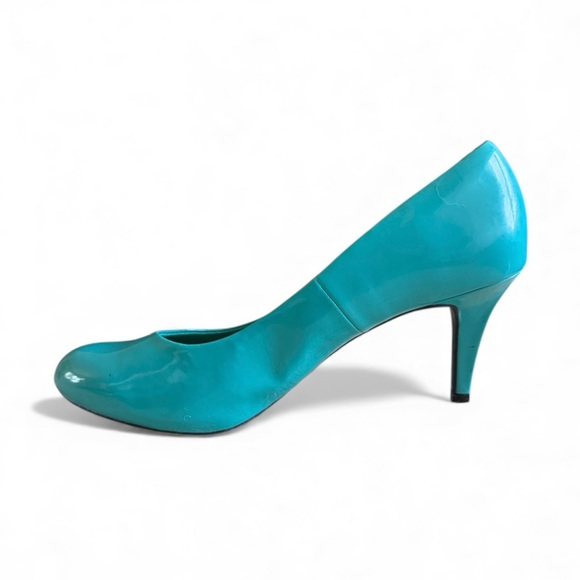 Comfort Plus Patent Round Toe Mid Heel Pumps Office Cocktail Turquoise Blue 11W - Picture 3 of 9